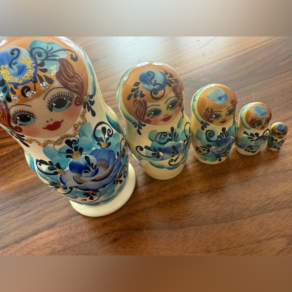 Hand-Painted Blue and Cream Nesting Dolls
